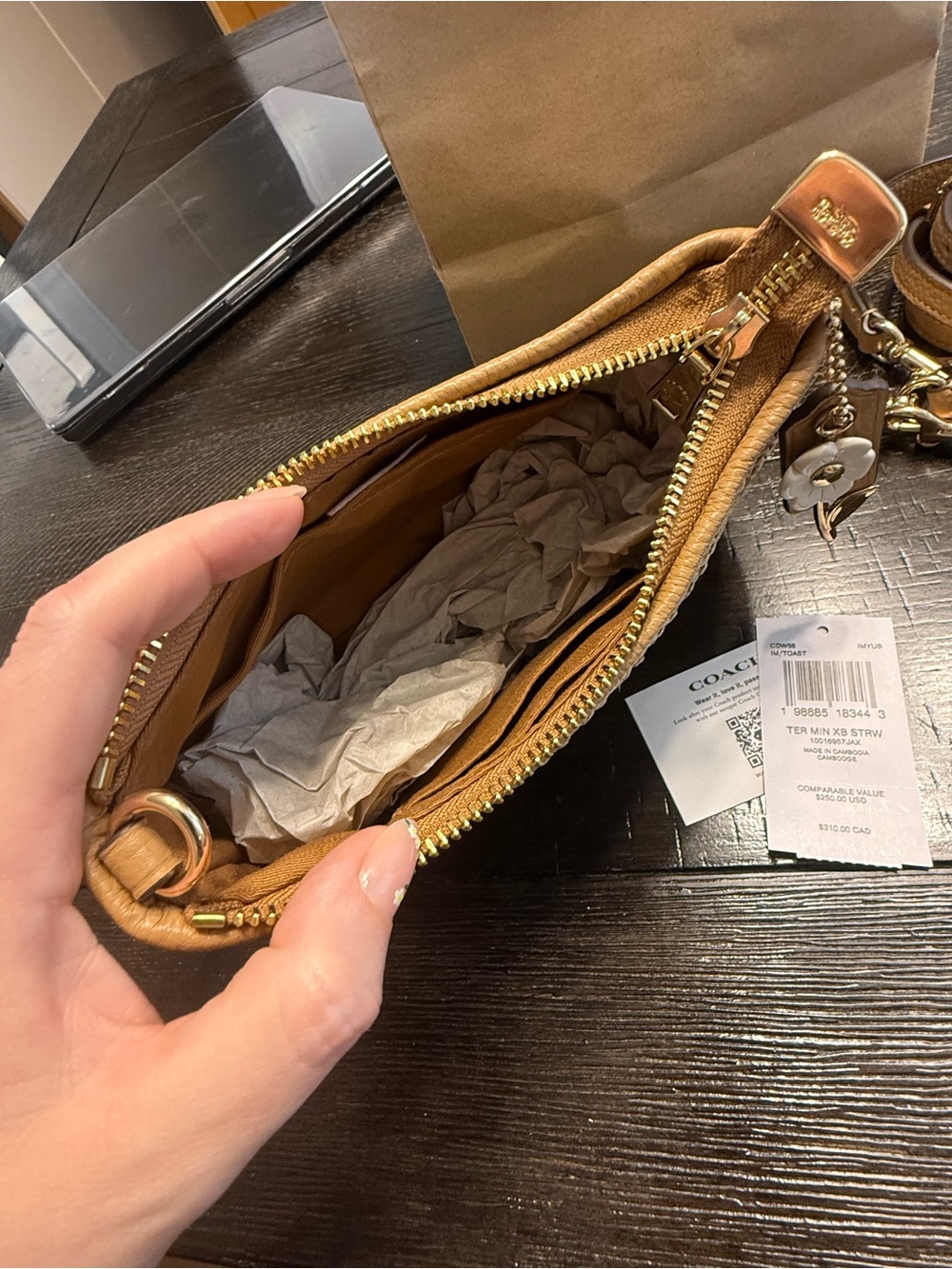 COACH Tan Woven Crossbody with Floral Charm and Adjustable Strap - Picture 5 of 5